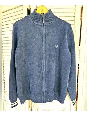Vintage 90s Fred Perry Navy And Cream 100% Cotton Zip Up Small **flaws**